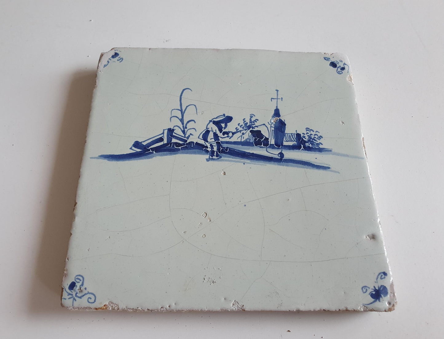 Antique Dutch Tile - fisherman in village scenery  - Dated 1640, rare! - spiderhead corner