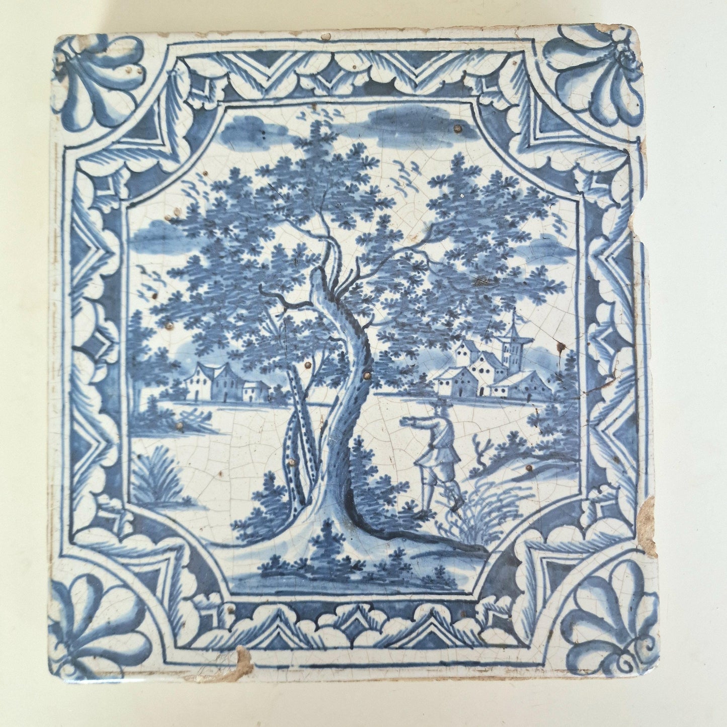 Antique Faience Tile Plaque, 18th Century German Stovetile, Park Scene