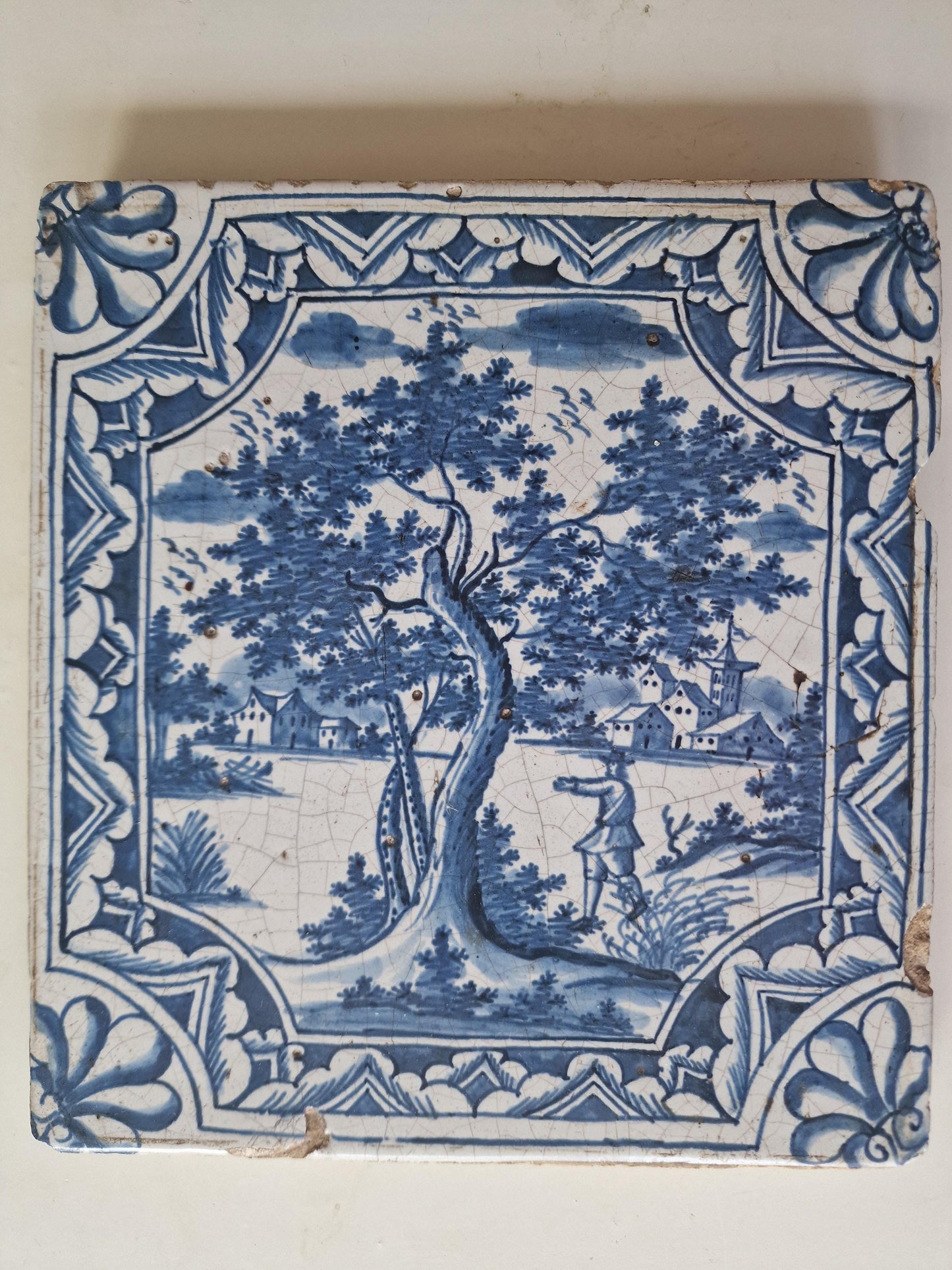 Antique Faience Tile Plaque, 18th Century German Stovetile, Park Scene