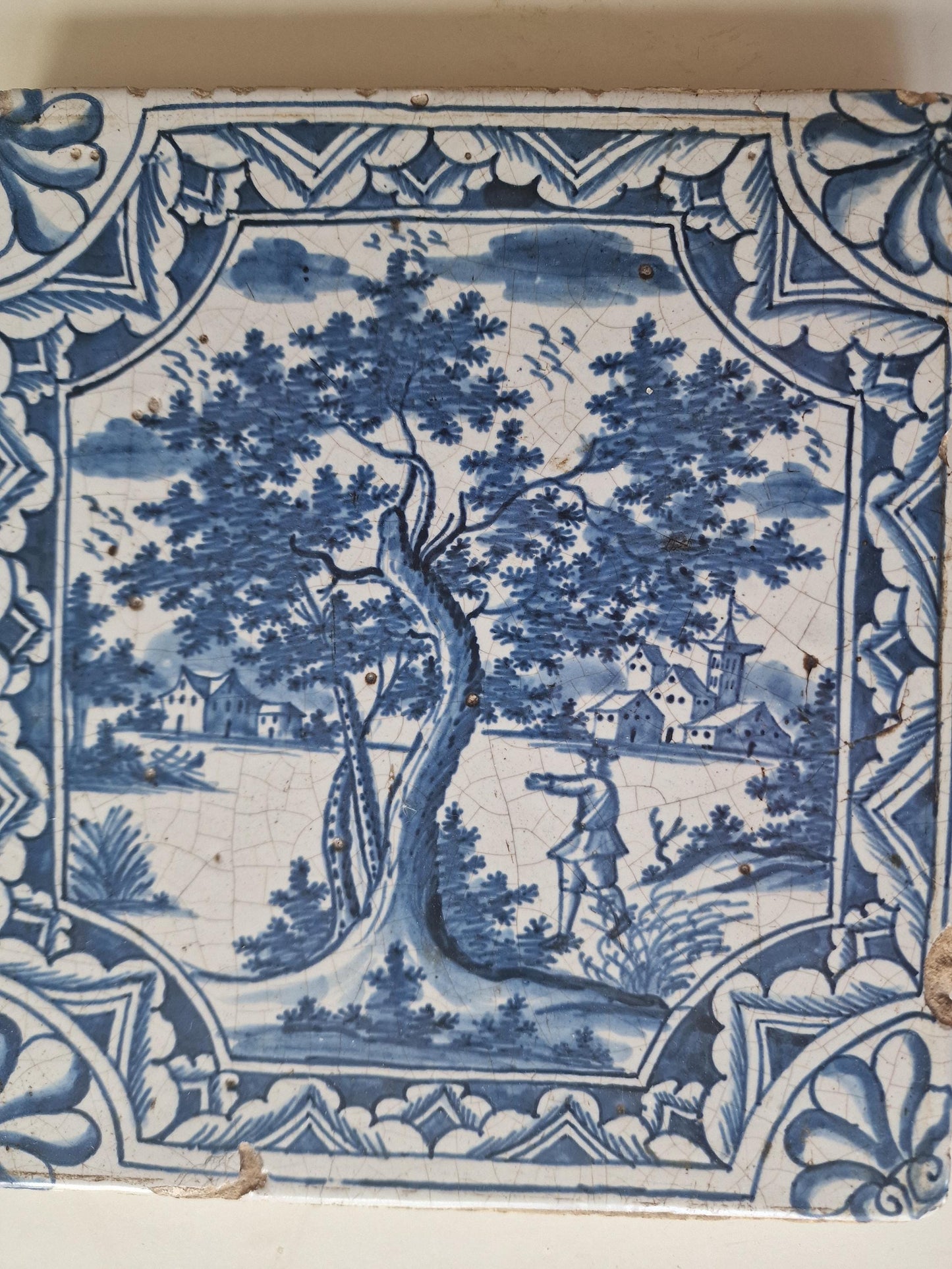 Antique Faience Tile Plaque, 18th Century German Stovetile, Park Scene
