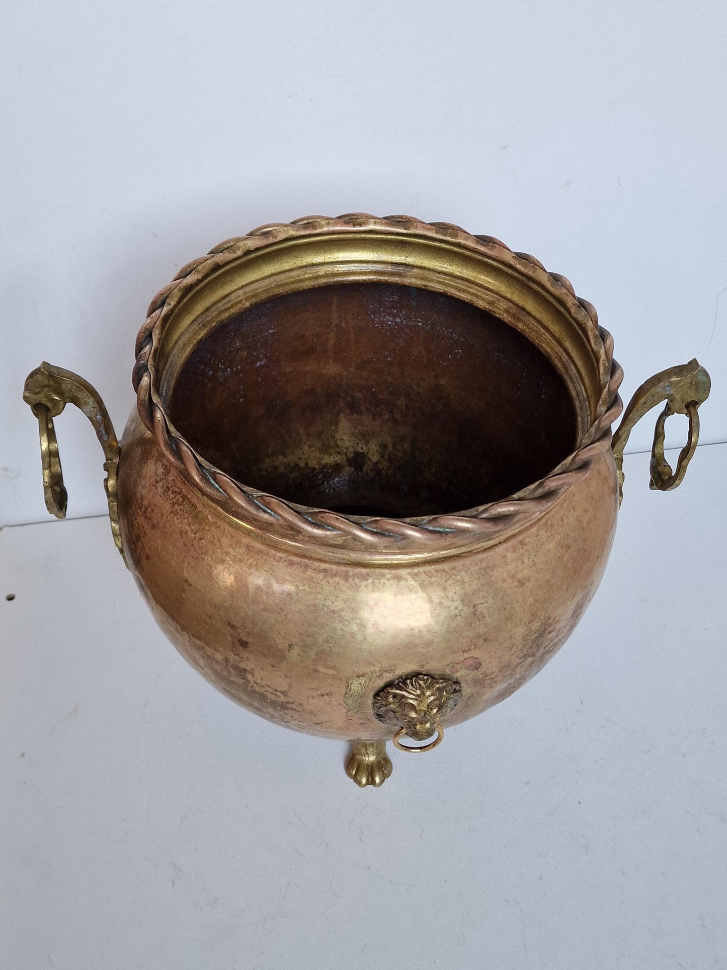 Antique Red Copper Cachepot, Lion Head Handles, Dutch Luxe ca 1900