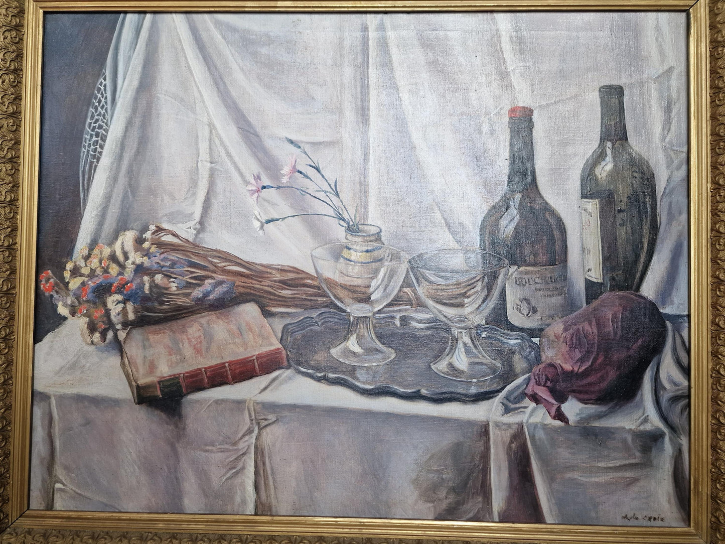 XL Framed Still Life Oil Painting on Canvas, Signed Dutch Art