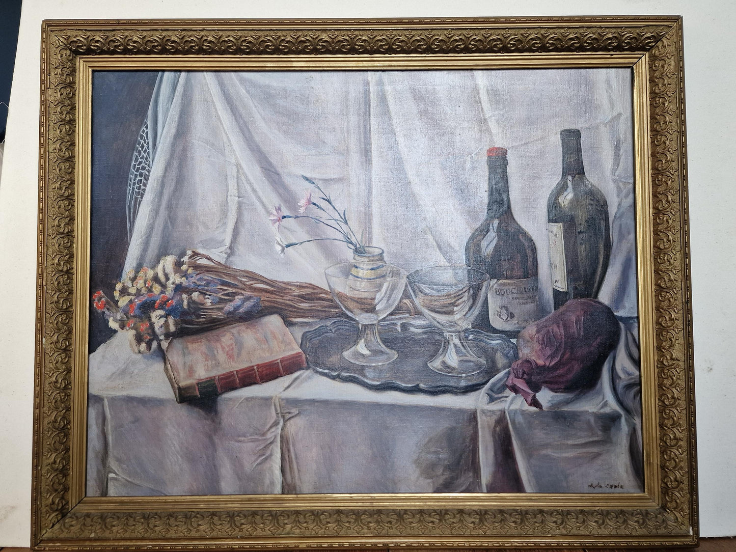 XL Framed Still Life Oil Painting on Canvas, Signed Dutch Art