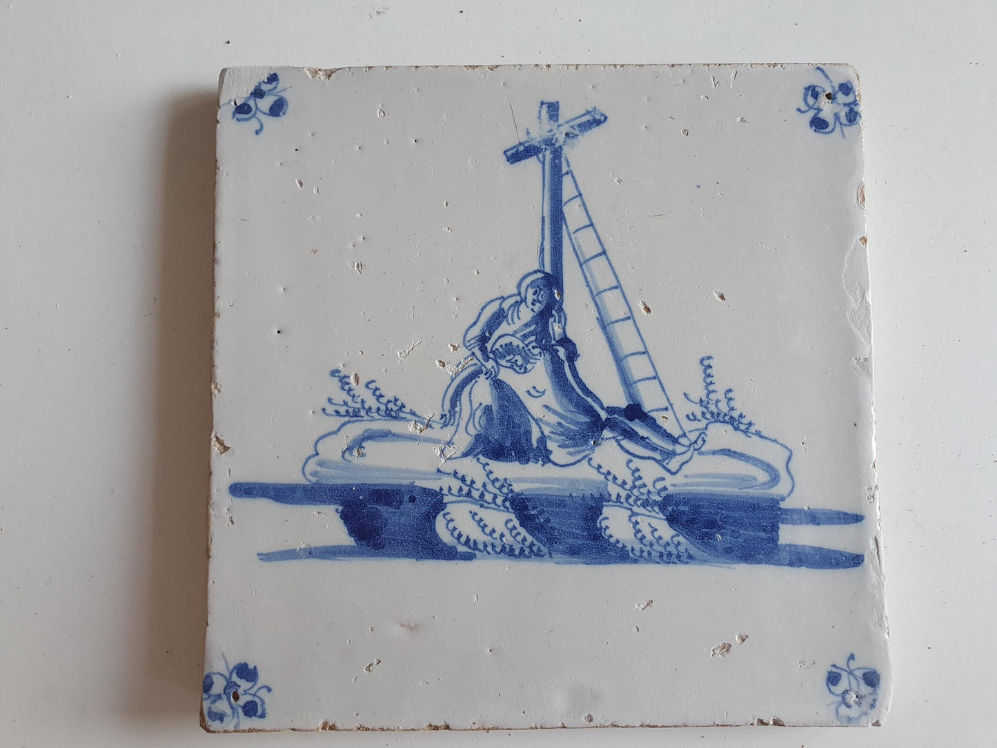 Antieke tegel met Bijbelse voorstelling   in spinnekophoek, antique dutch delft blue tile bible 17th