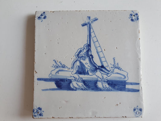 Antieke tegel met Bijbelse voorstelling   in spinnekophoek, antique dutch delft blue tile bible 17th