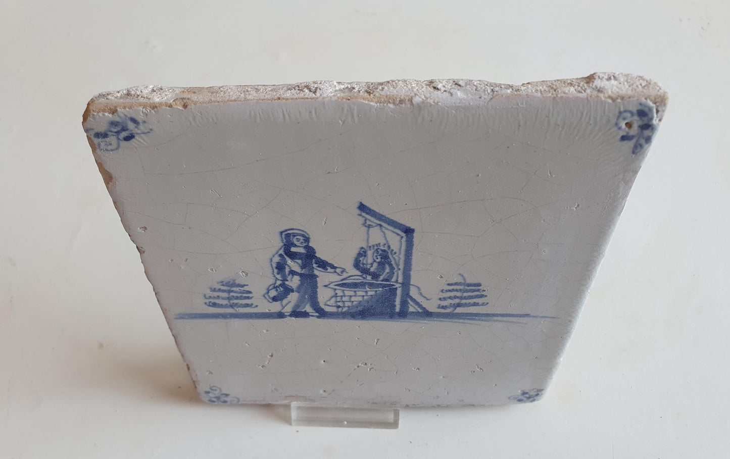 Antieke tegel met Bijbelse voorstelling   in spinnekophoek, antique dutch delft blue tile bible 17th