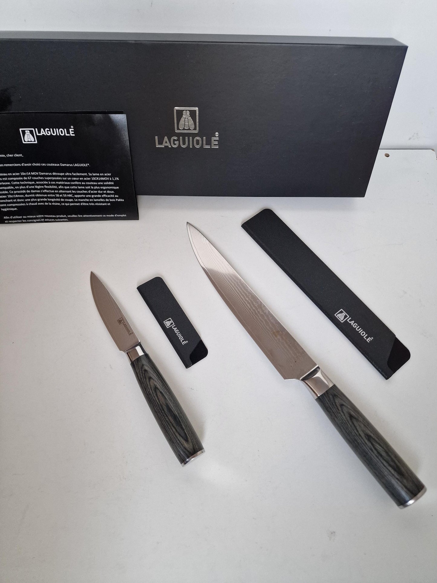 Damascus Steel Chef Knife Set, Pakkawood Handle, Leather Sheath