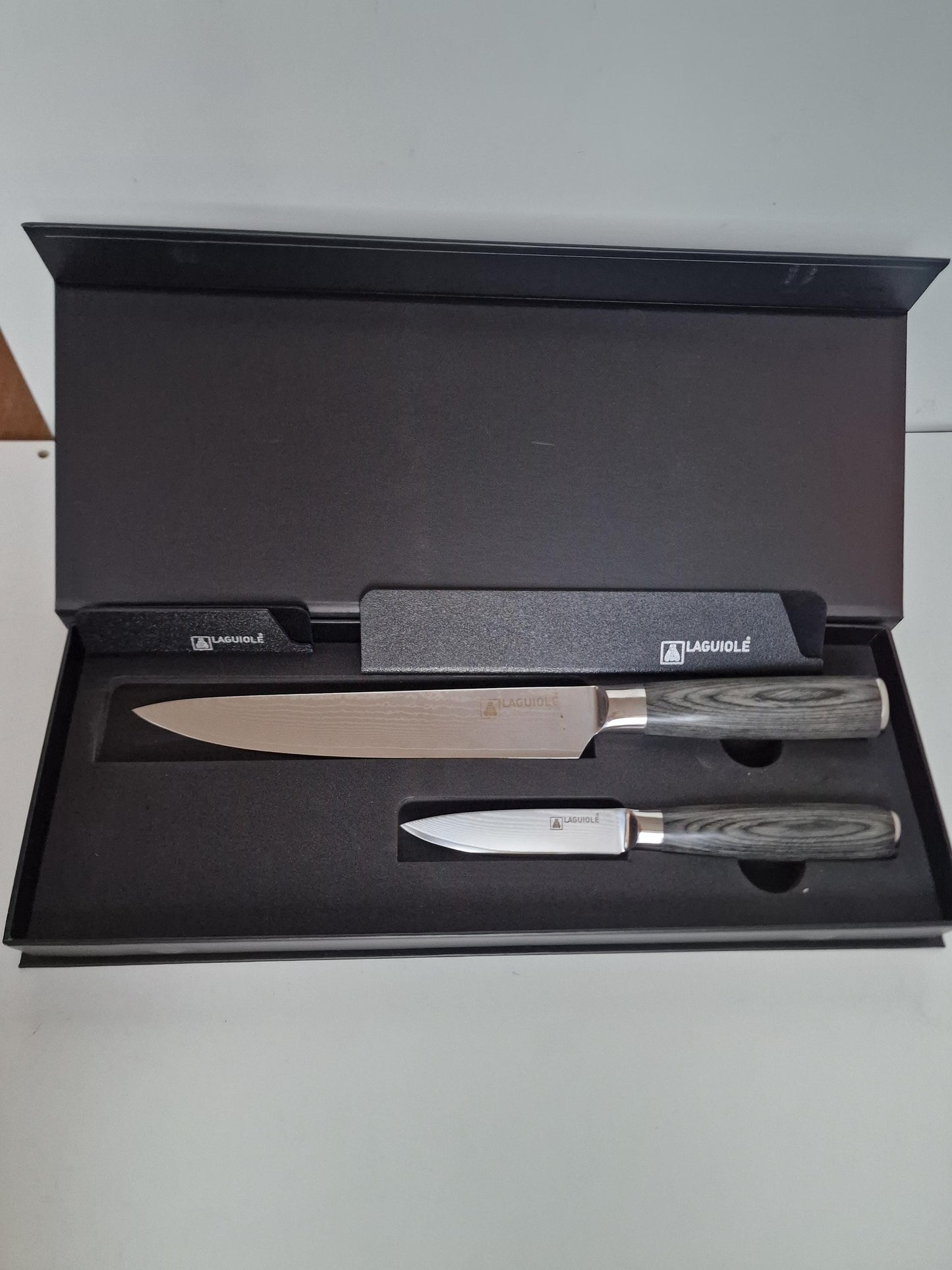 Damascus Steel Chef Knife Set, Pakkawood Handle, Leather Sheath