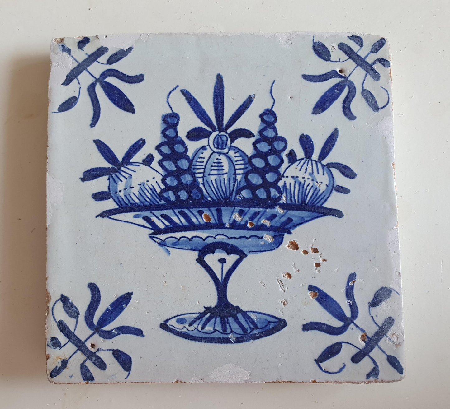 Antique Delft Blue Tile, Fruit Basket, Dutch Tile, c1600-1625