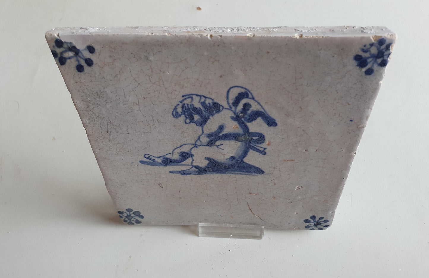 Antique Dutch Tile -  angel   - Dated 1640, spiderhead corner, delft blue , holland 17th century