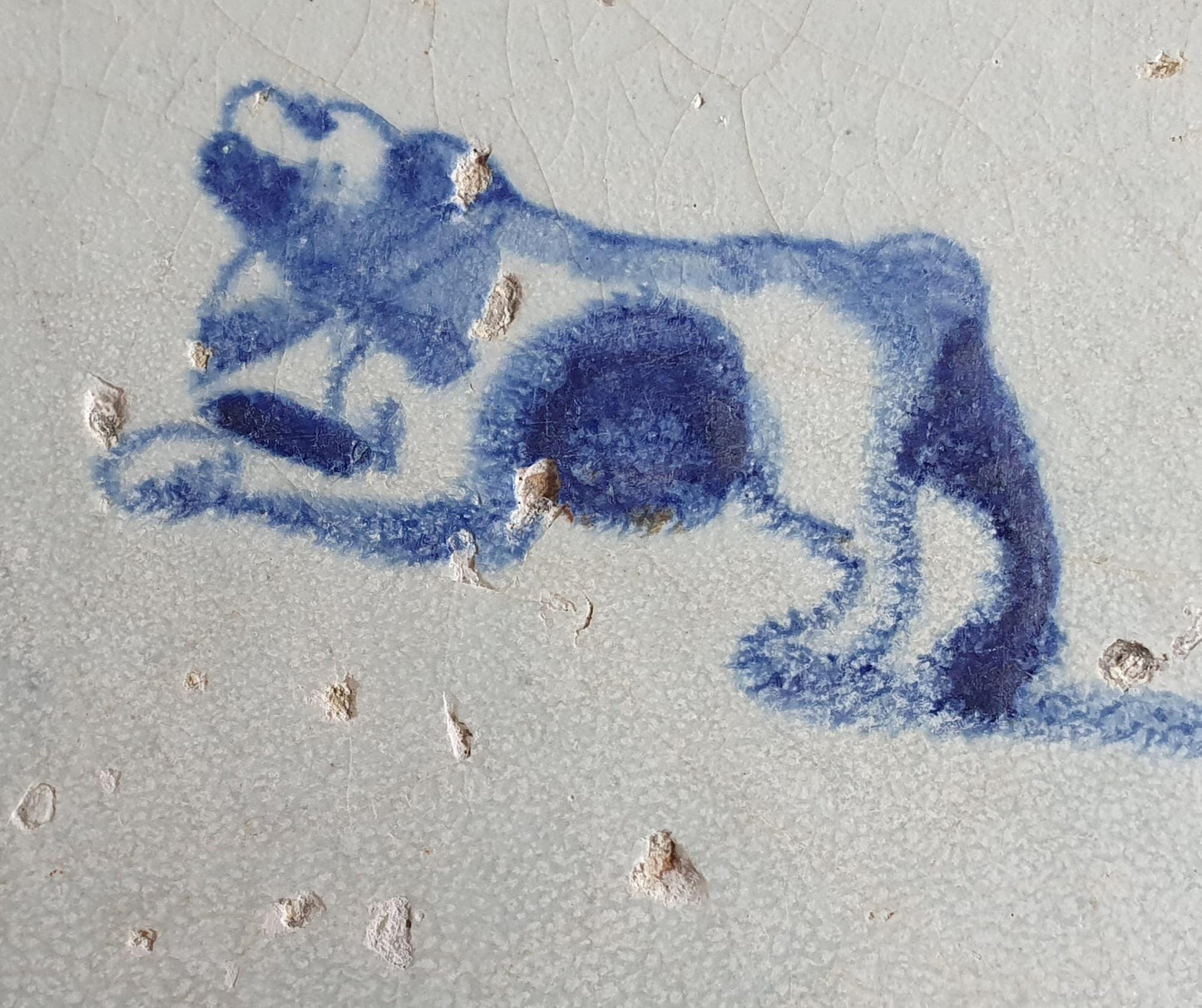 Antique Delft Tile, 17th Century Dutch Dog, Lily Corner Motif