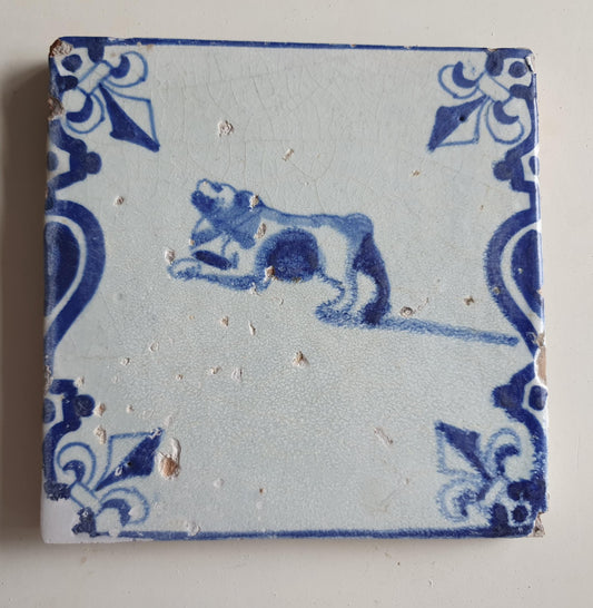 Antique Delft Tile, 17th Century Dutch Dog, Lily Corner Motif