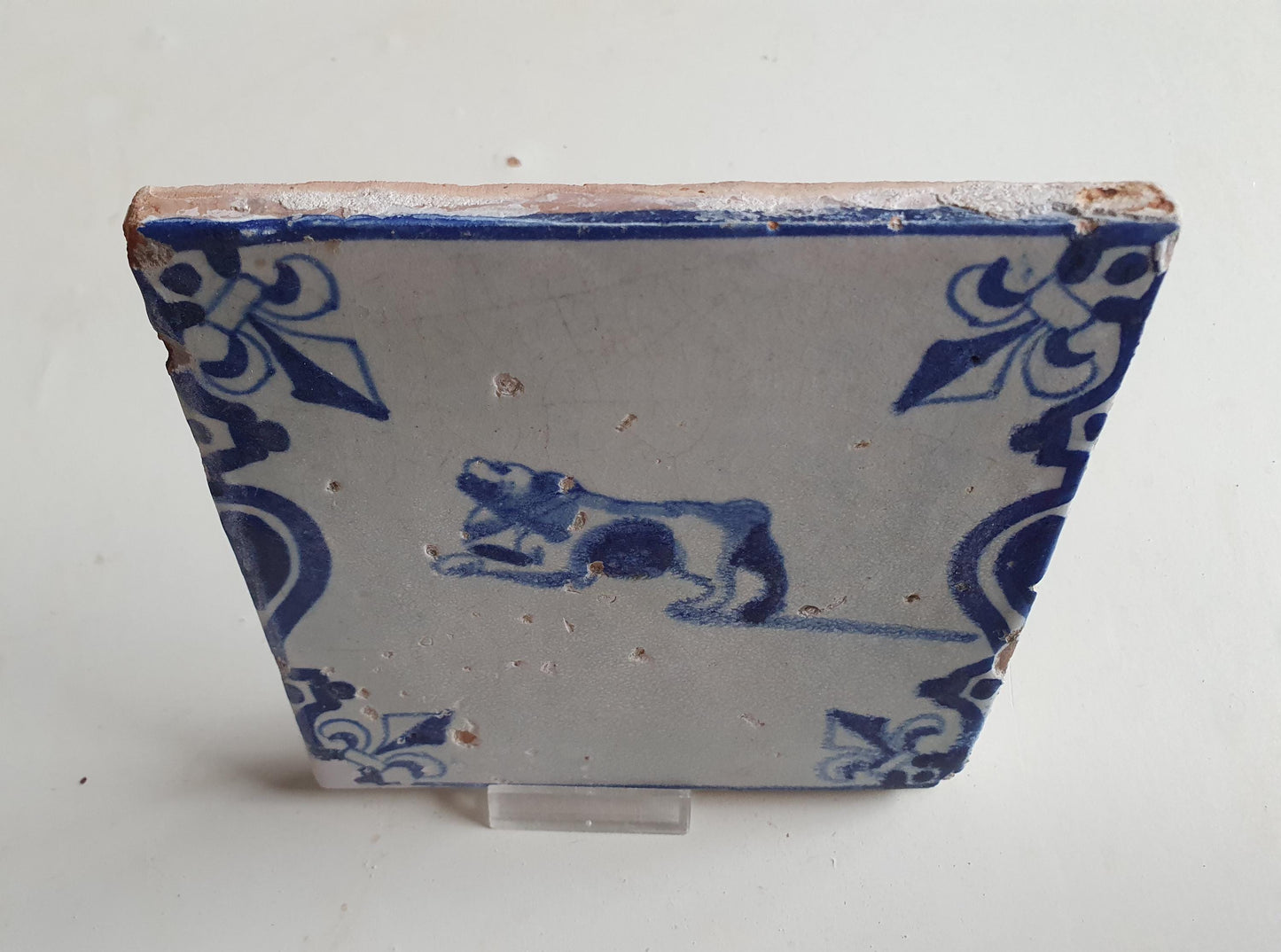 Antique Delft Tile, 17th Century Dutch Dog, Lily Corner Motif