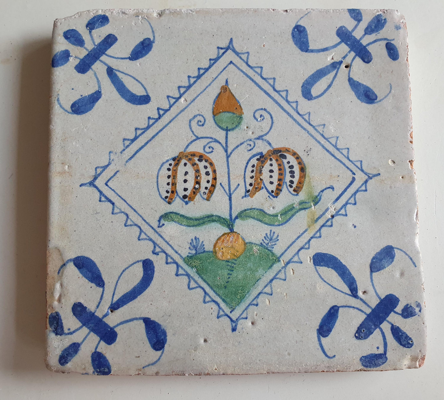 Antique Dutch Tile, Kivitsbloem Tulip, 1640 Polychrome Majolica