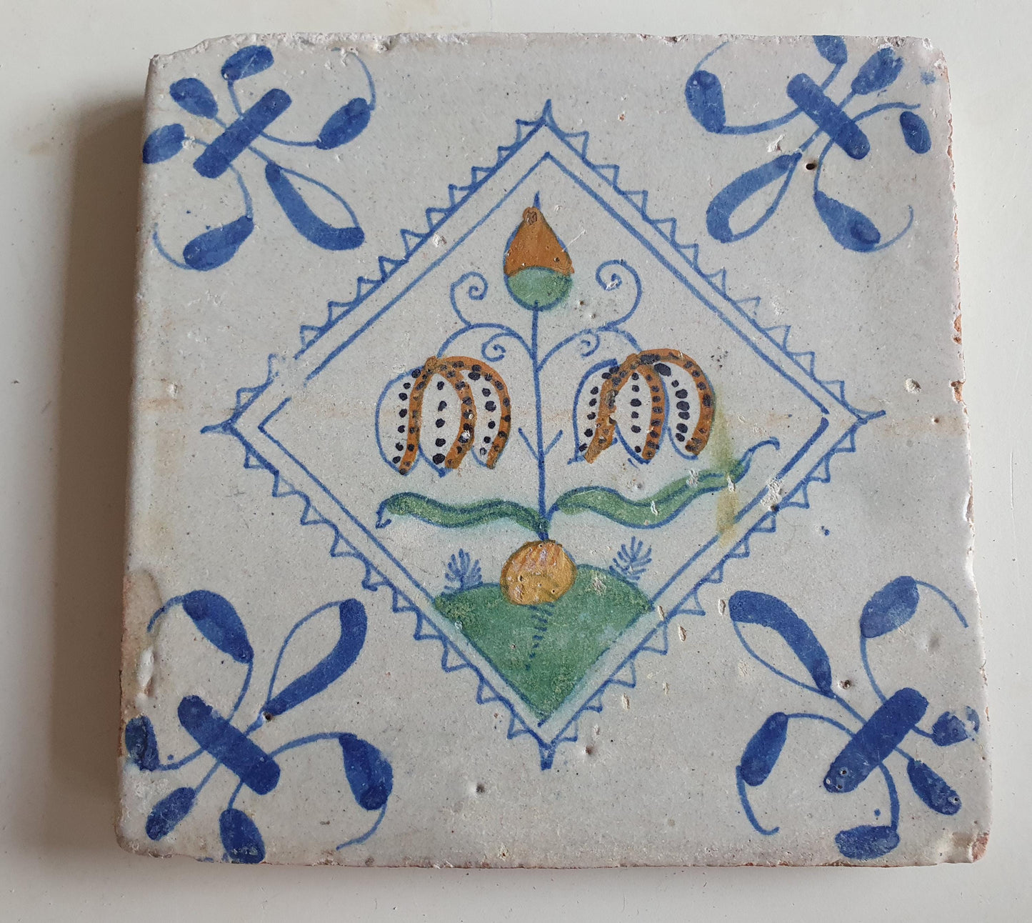 Antique Dutch Tile, Kivitsbloem Tulip, 1640 Polychrome Majolica