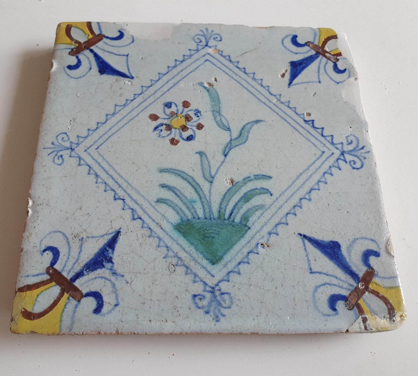 Dutch  polychrome flower antique tile 17th century - delft holland  tile  1640