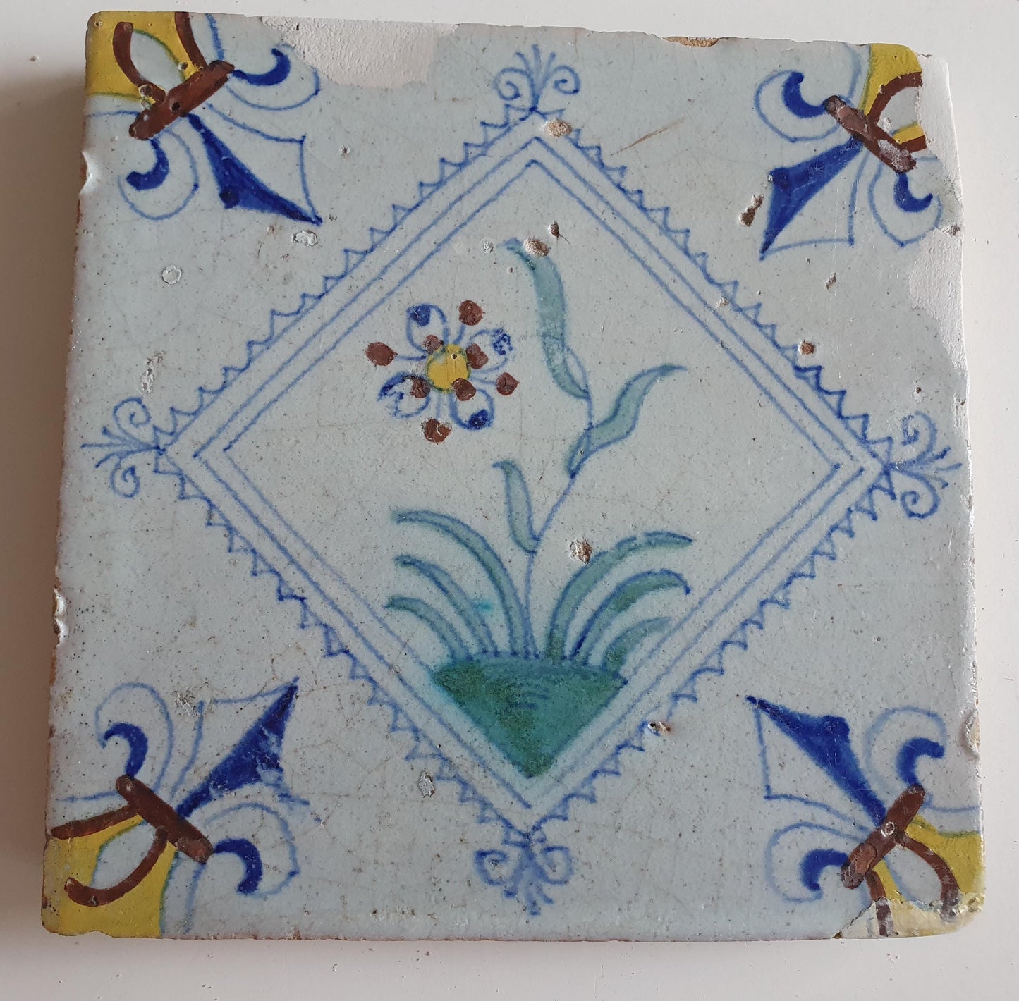 Dutch  polychrome flower antique tile 17th century - delft holland  tile  1640