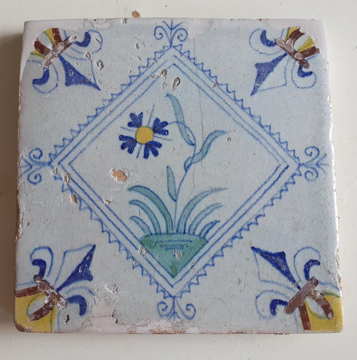 Dutch  polychrome flower antique tile 17th century - delft holland  tile  1640