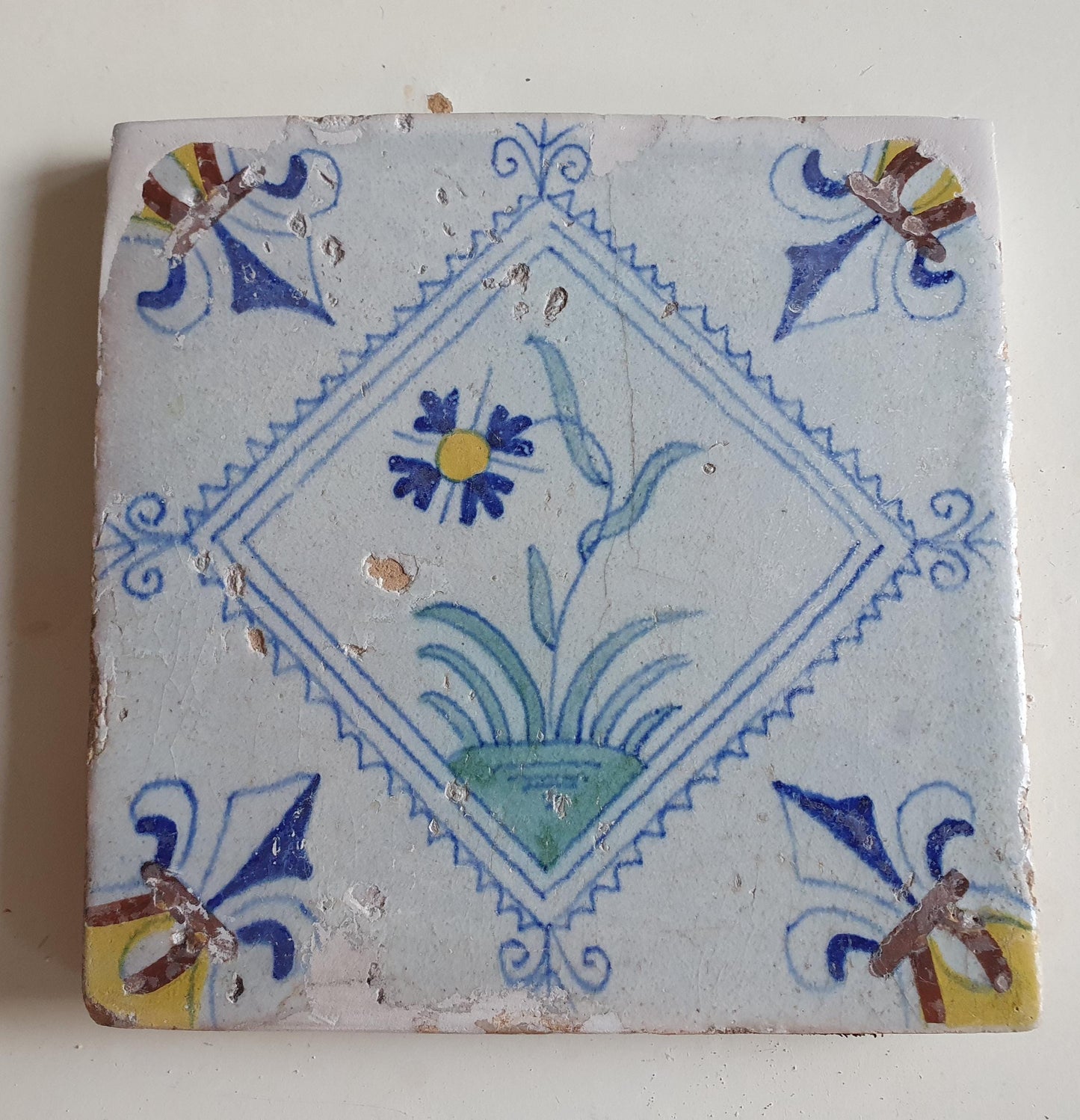 Dutch  polychrome flower antique tile 17th century - delft holland  tile  1640