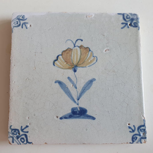 Antique Dutch Tile - polychrome flower with butterfly, ox head corner motives - Dated 1630 RARE !