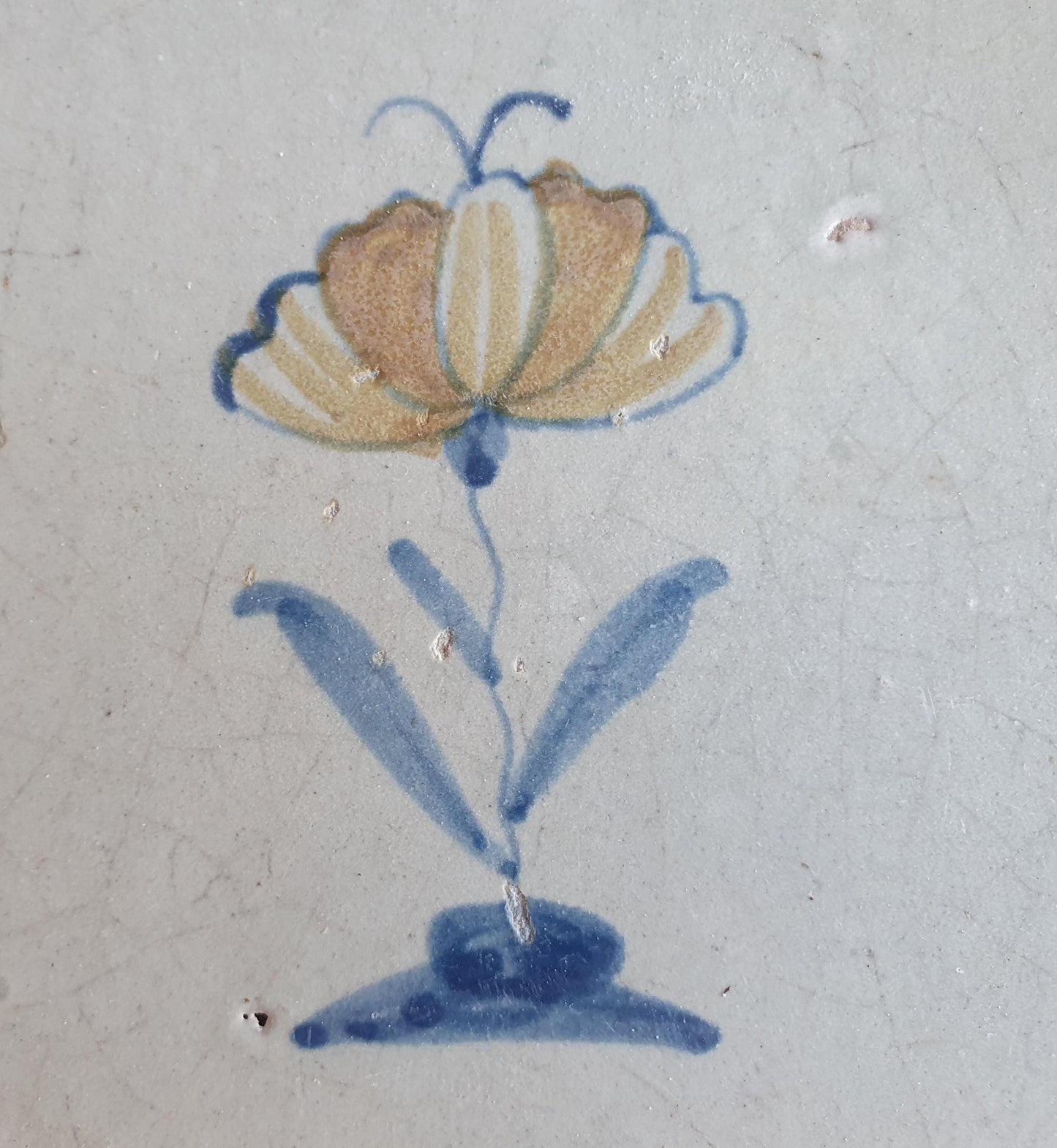 Antique Dutch Tile - polychrome flower with butterfly, ox head corner motives - Dated 1630 RARE !