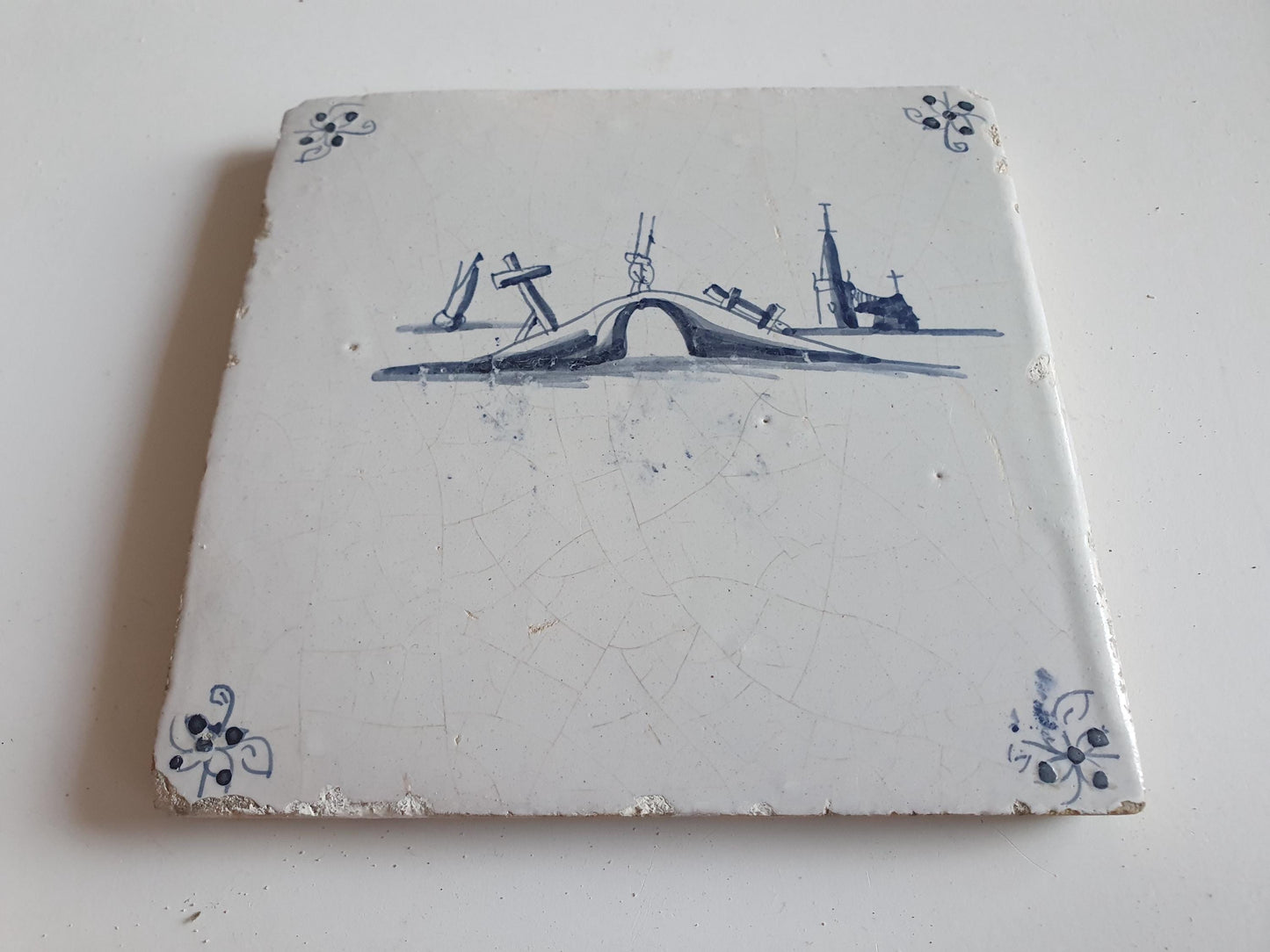 17th Century Dutch Delft Tile, Holland Landscape, 13x13