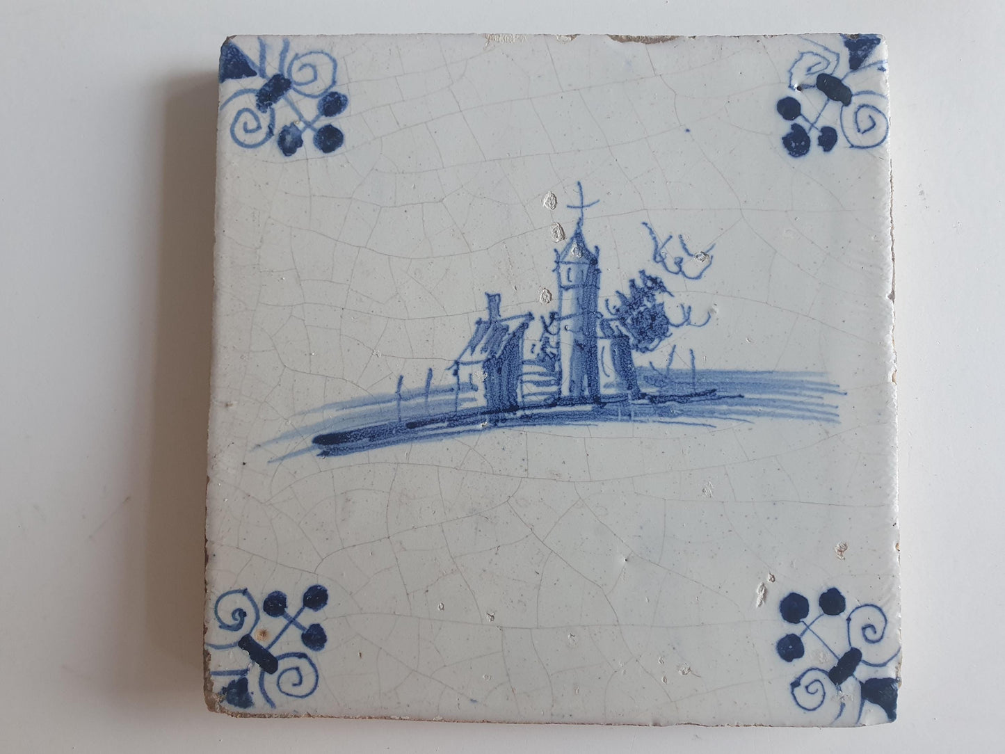 17th Century Dutch Delft Tile, Holland Landscape (13x13)
