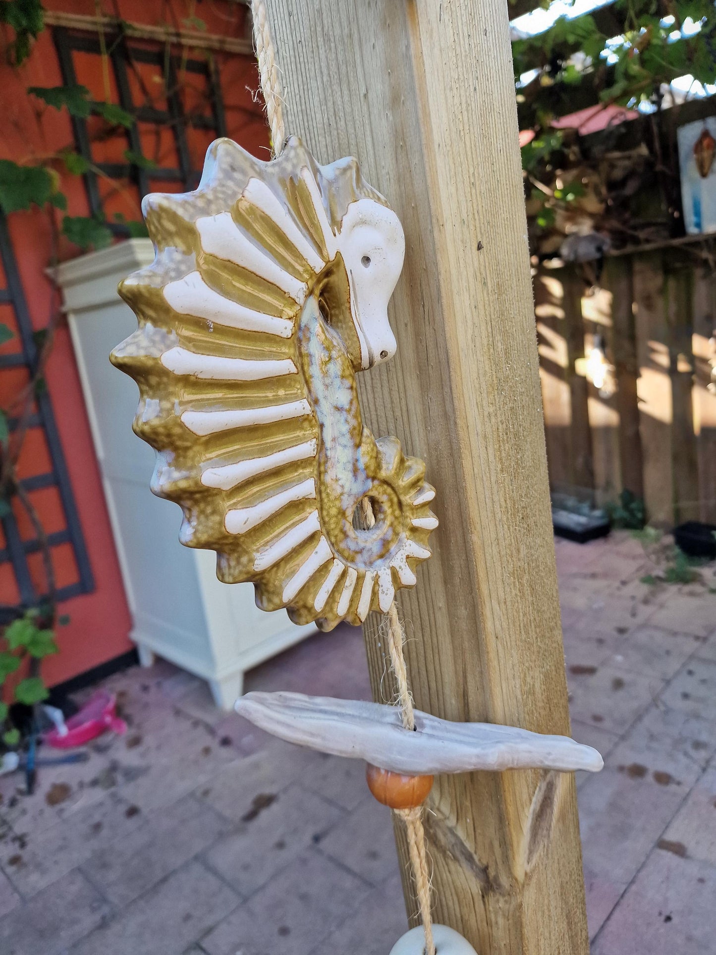 Pottery Seahorse Wind Chime, Luster Glaze Garden Ornament