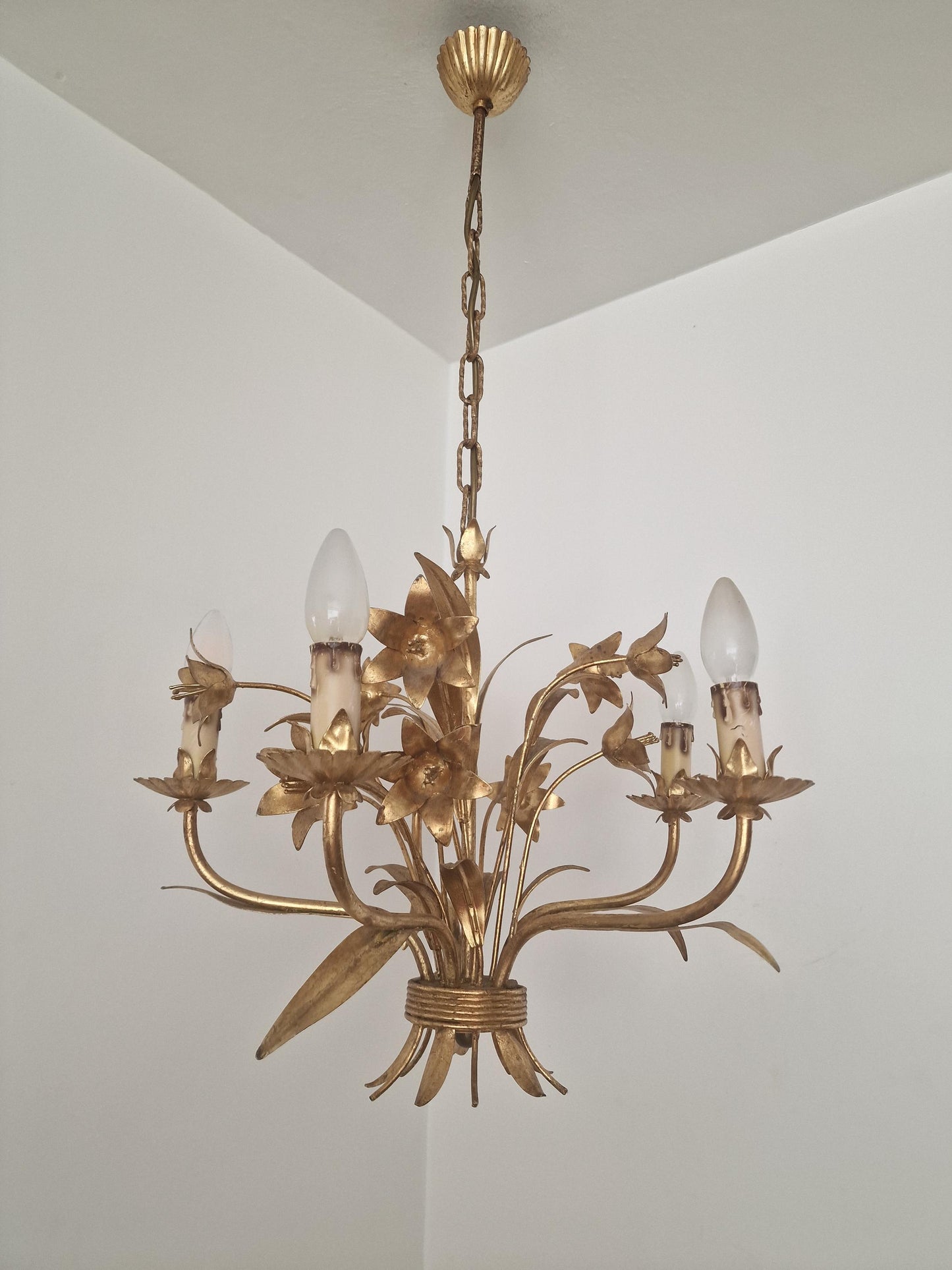 Gilt Floral Chandelier, 5-Light French Ceiling Lamp