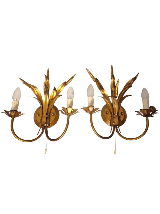 Vintage Hollywood Regency Gold Corn Wall Sconce Lamps, Hans Kögl, Pair