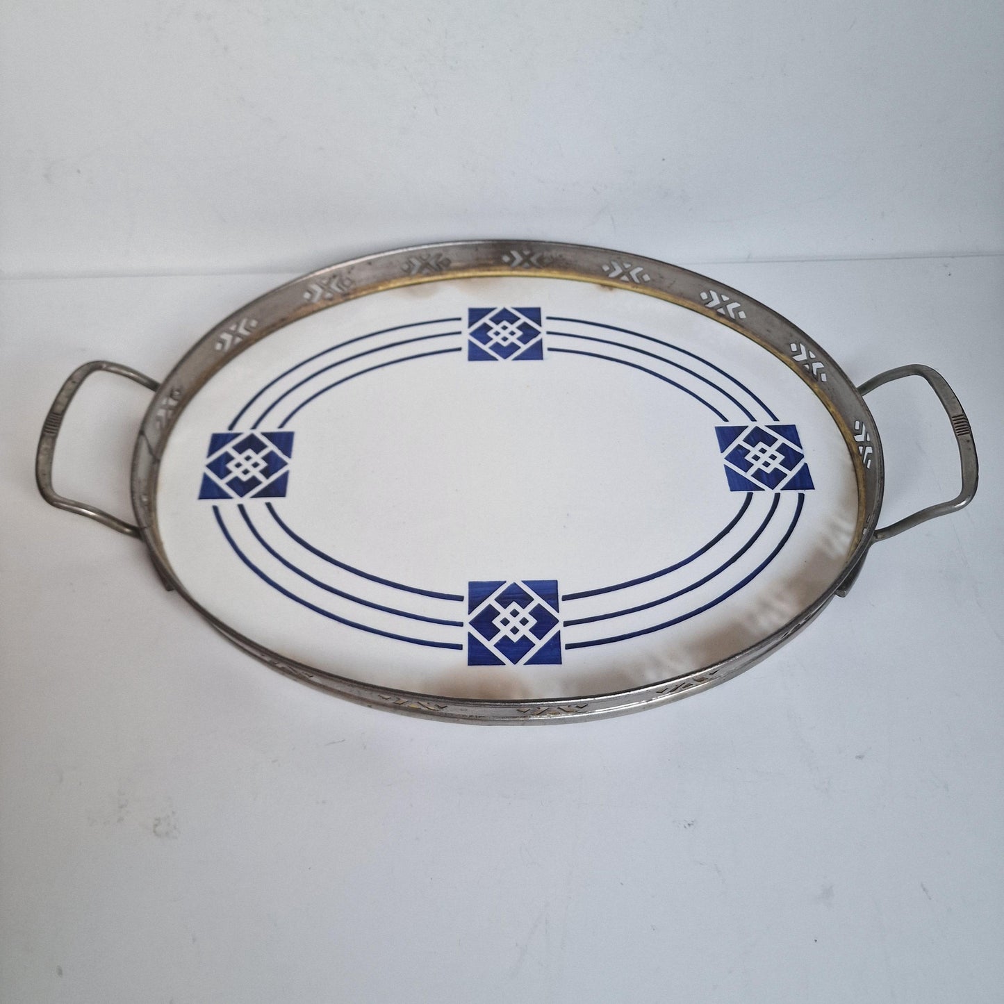 Antique Waechtersbach Art Nouveau Tile Tray, Porcelain and Pewter