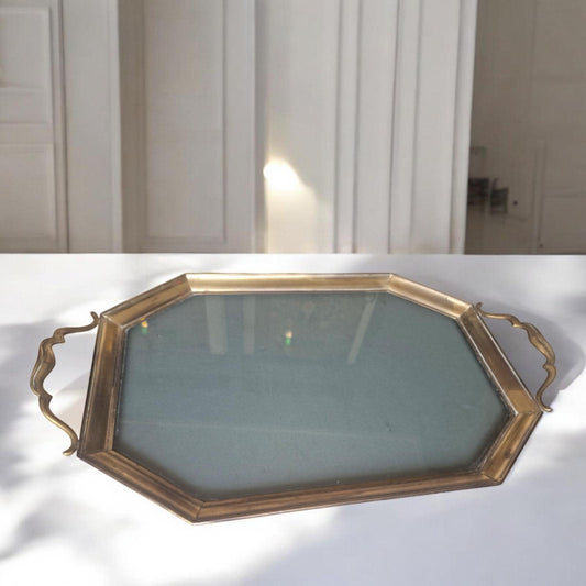 Antique Italian Murano Glass Serving Tray, Art Nouveau Brass Platter (64cm)
