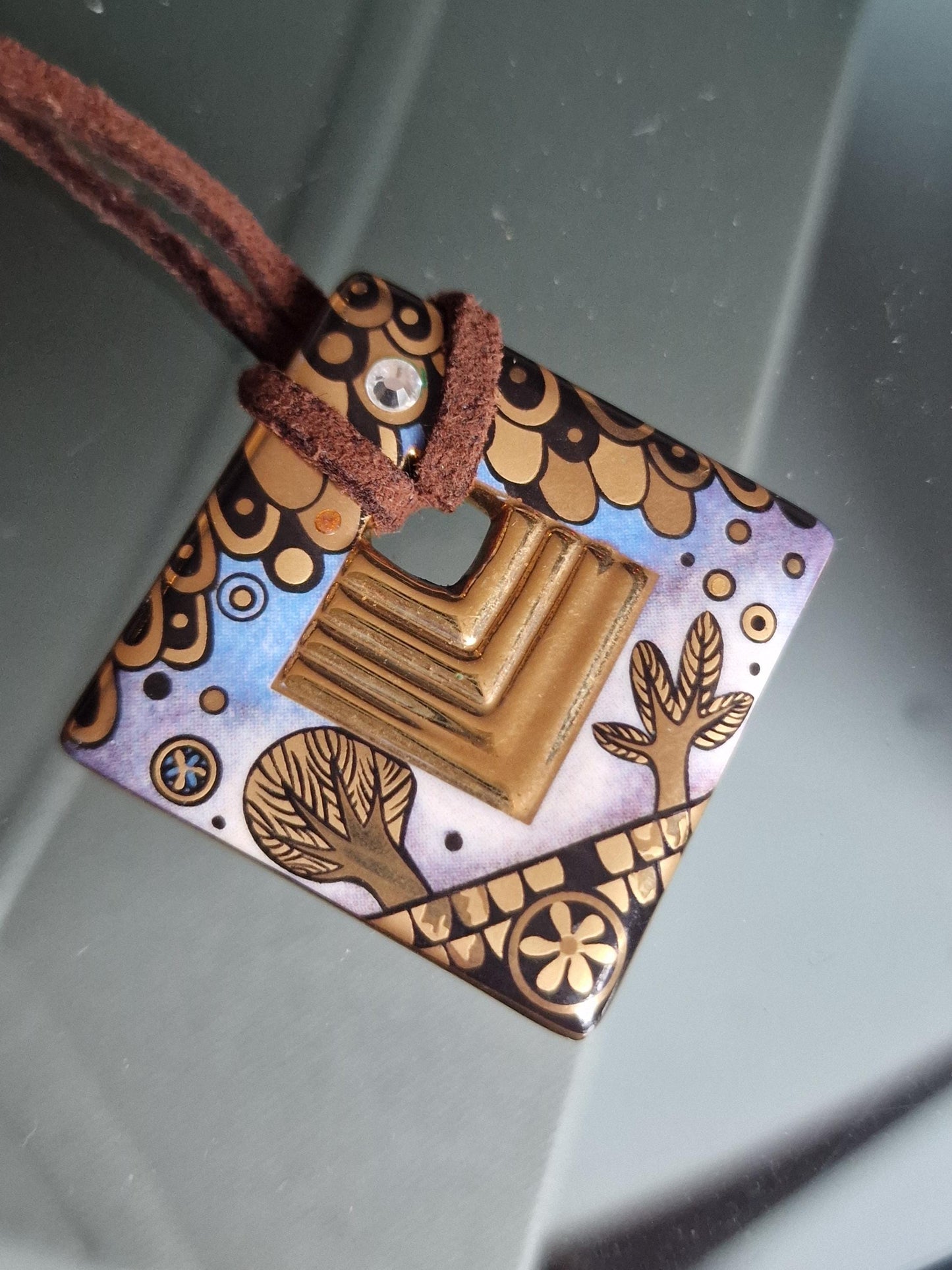 GOEBEL X Gustav Klimt , artistic marked Porcelain with Rhinestone Pendant with Necklace