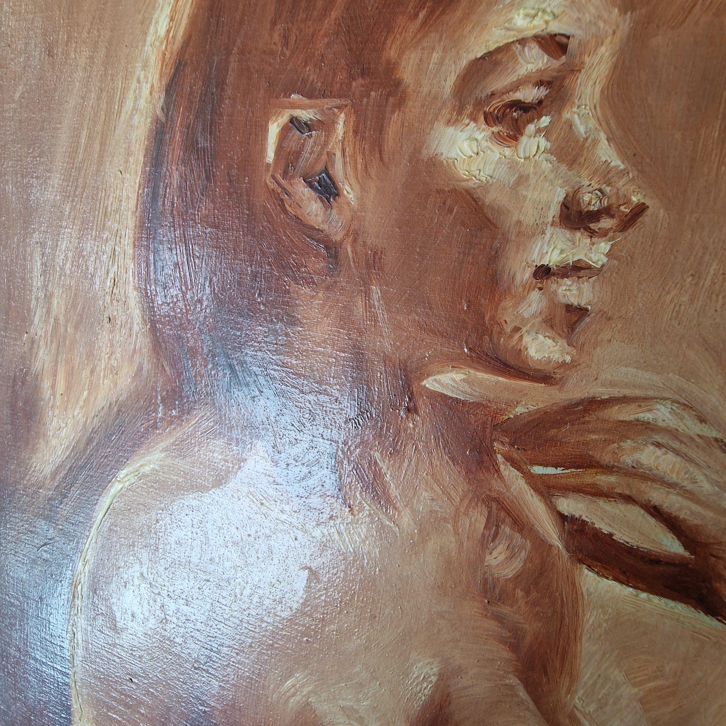 Indonesian Girl Oil Painting – Framed Mid-Century Art sepia colour