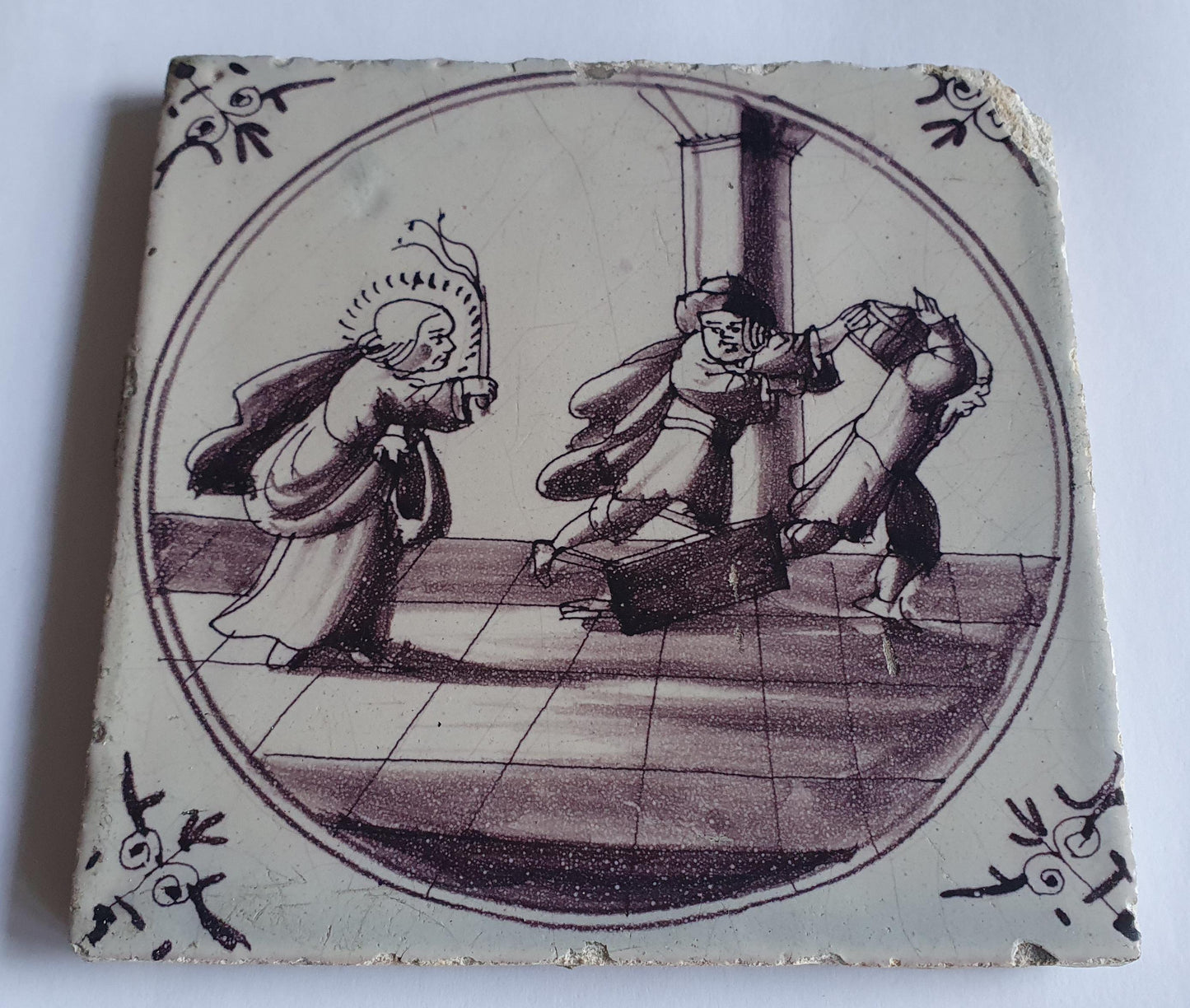 This rare antique Delft tile depicts the Biblical scene.  alround 1760