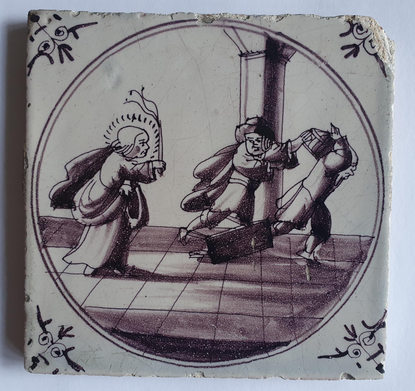 This rare antique Delft tile depicts the Biblical scene.  alround 1760