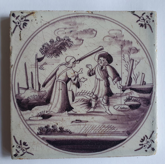 This rare antique Delft tile depicts the Biblical scene.  alround 1760