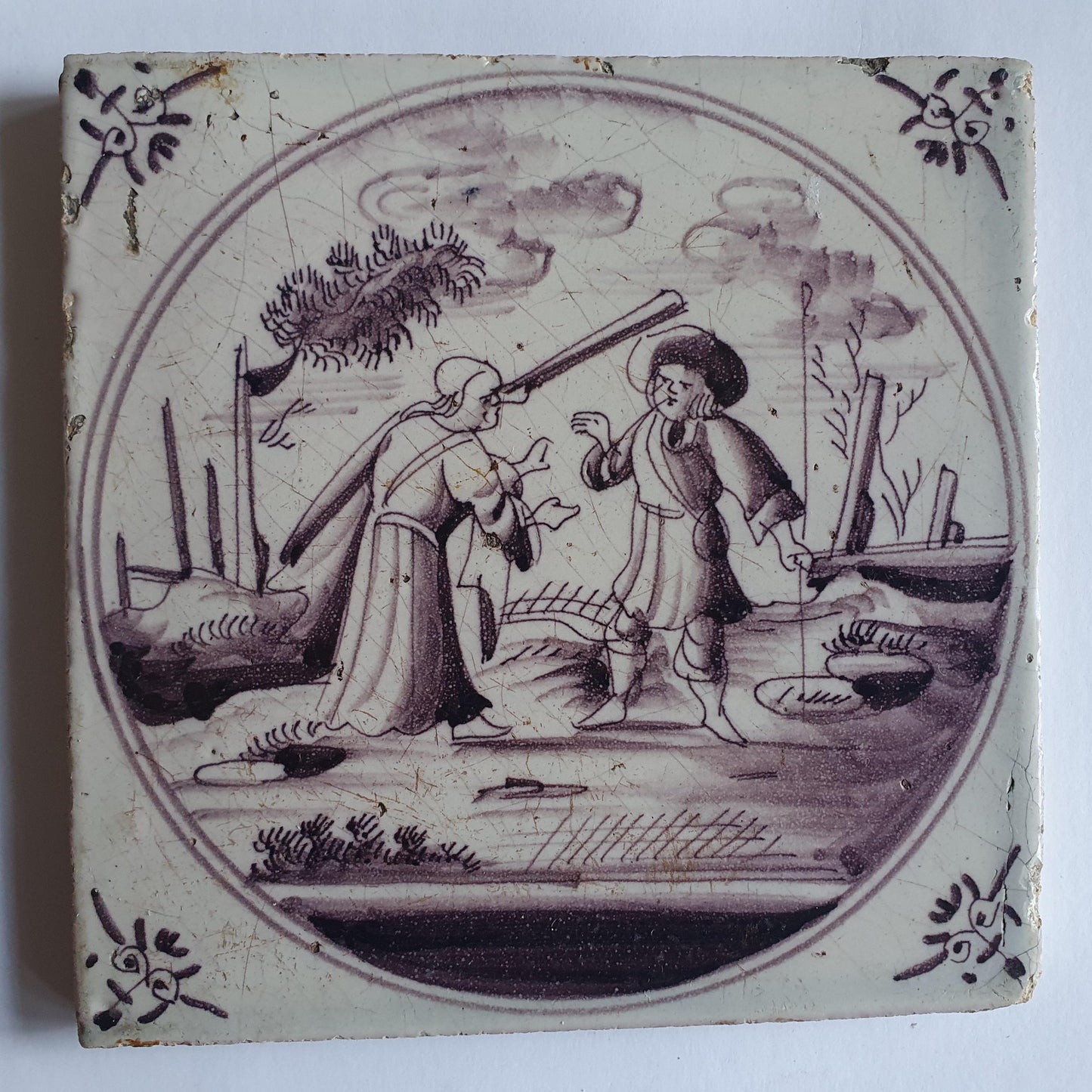 This rare antique Delft tile depicts the Biblical scene.  alround 1760