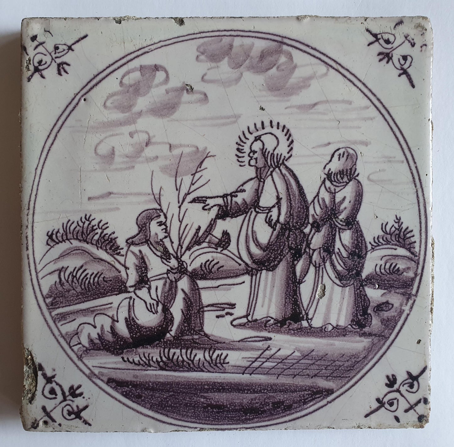 This rare antique Delft tile depicts the Biblical scene.  alround 1760