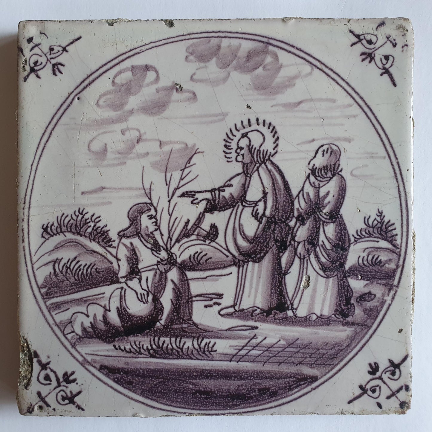 This rare antique Delft tile depicts the Biblical scene.  alround 1760