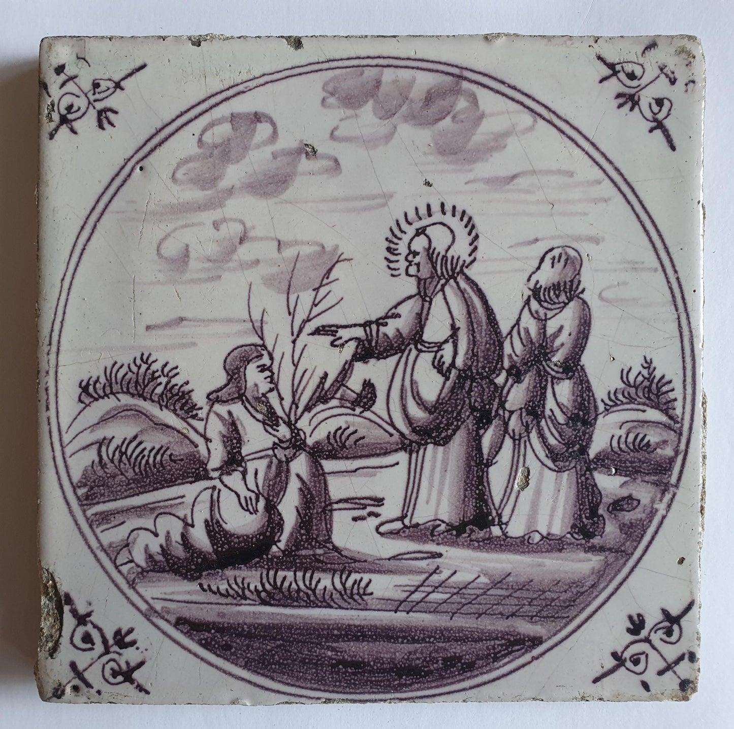 This rare antique Delft tile depicts the Biblical scene.  alround 1760