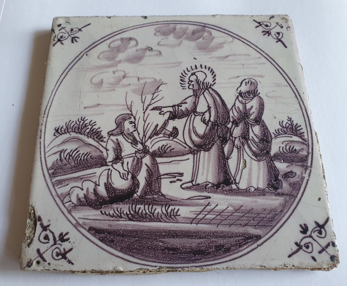 This rare antique Delft tile depicts the Biblical scene.  alround 1760