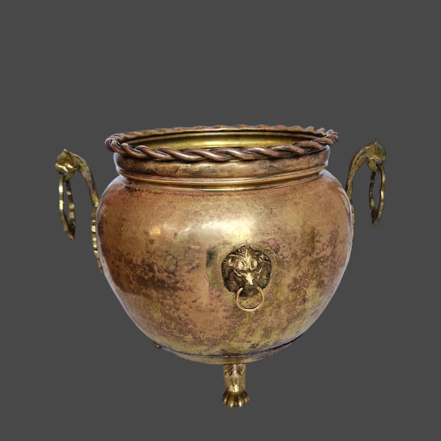 Antique Red Copper Cachepot, Lion Head Handles, Dutch Luxe ca 1900