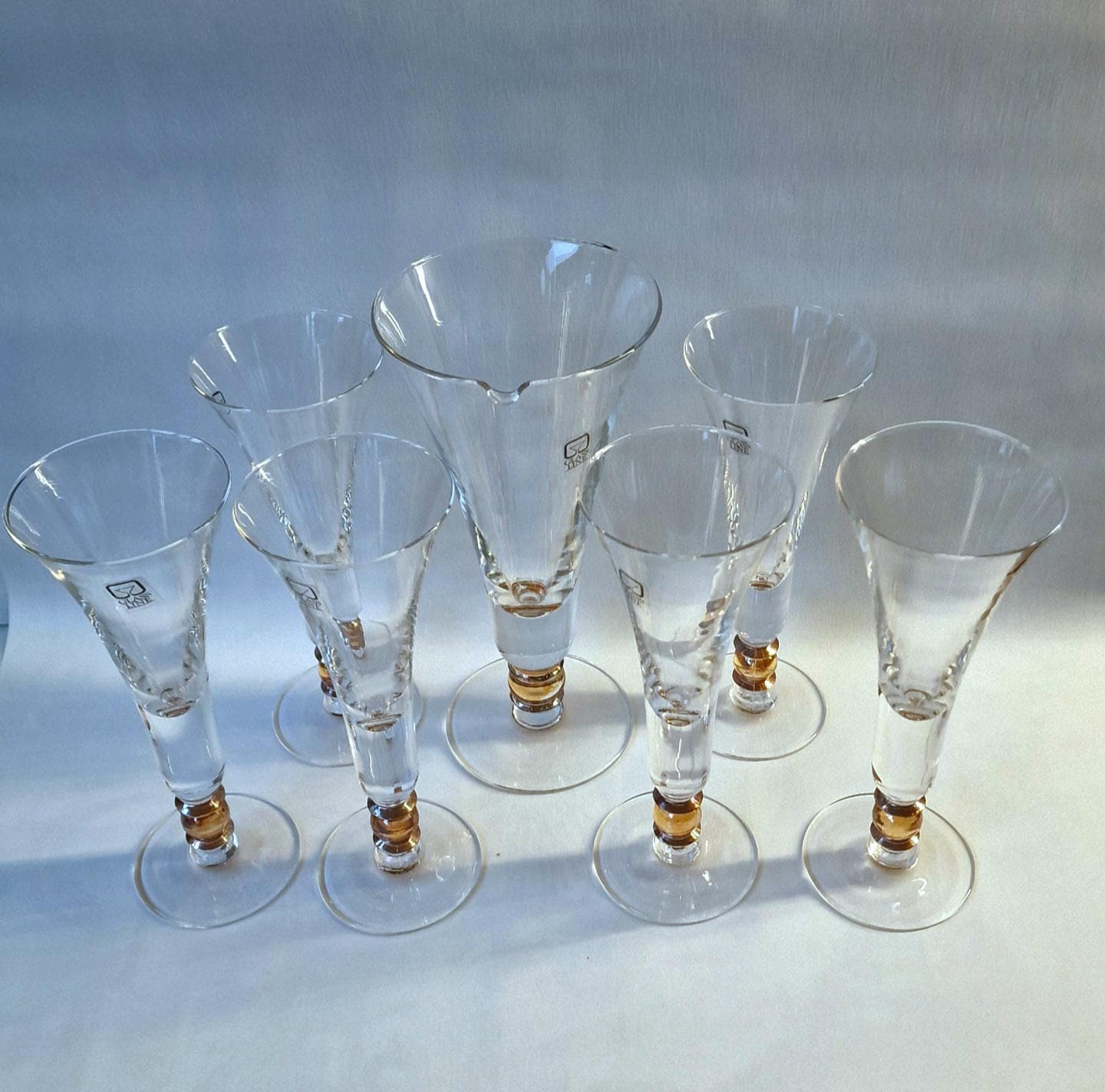 Carlo Moretti Murano Champagne Flutes with Gold Ball Stem, Italian Glass Set spumante