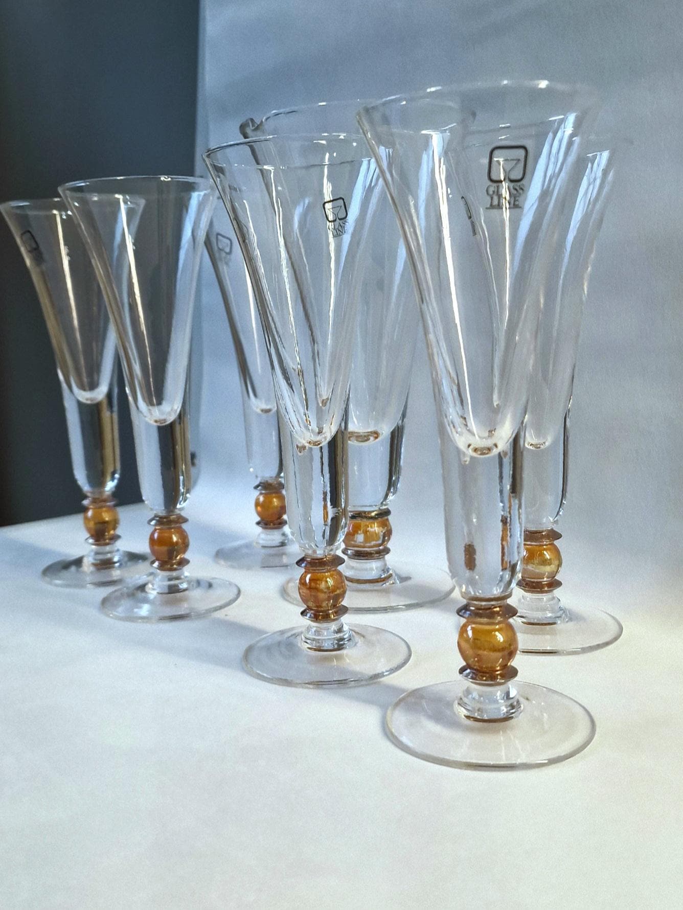 Carlo Moretti Murano Champagne Flutes with Gold Ball Stem, Italian Glass Set spumante