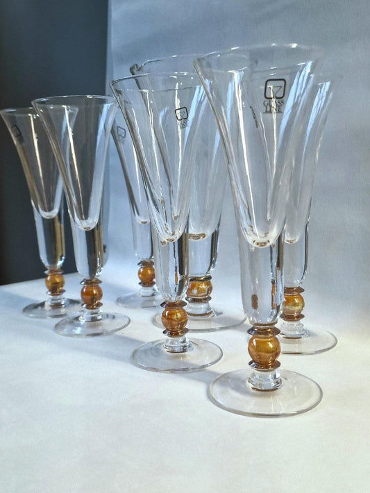 Carlo Moretti Murano Champagne Flutes with Gold Ball Stem, Italian Glass Set spumante