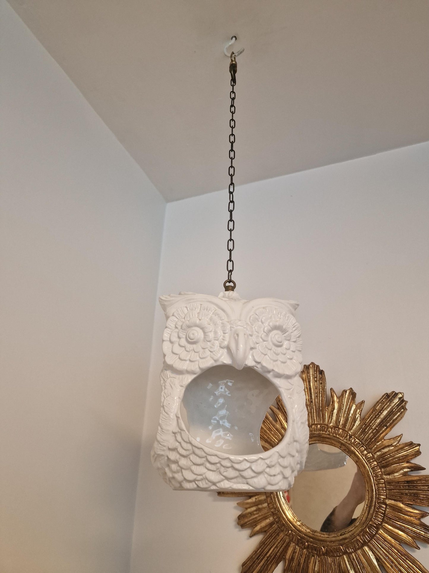 Vintage Ceramic Owl Planter, Nordic Lantern, Copper Chain Hanger