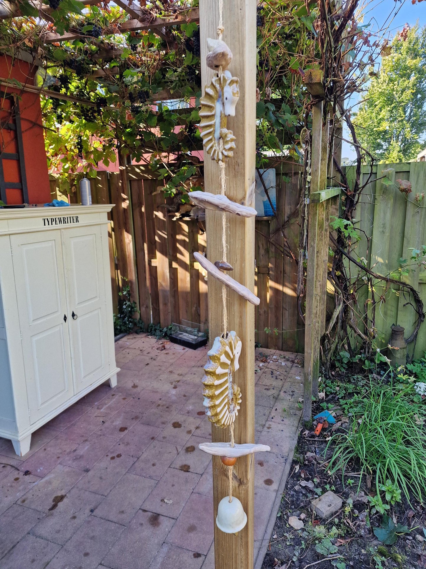 Pottery Seahorse Wind Chime, Luster Glaze Garden Ornament