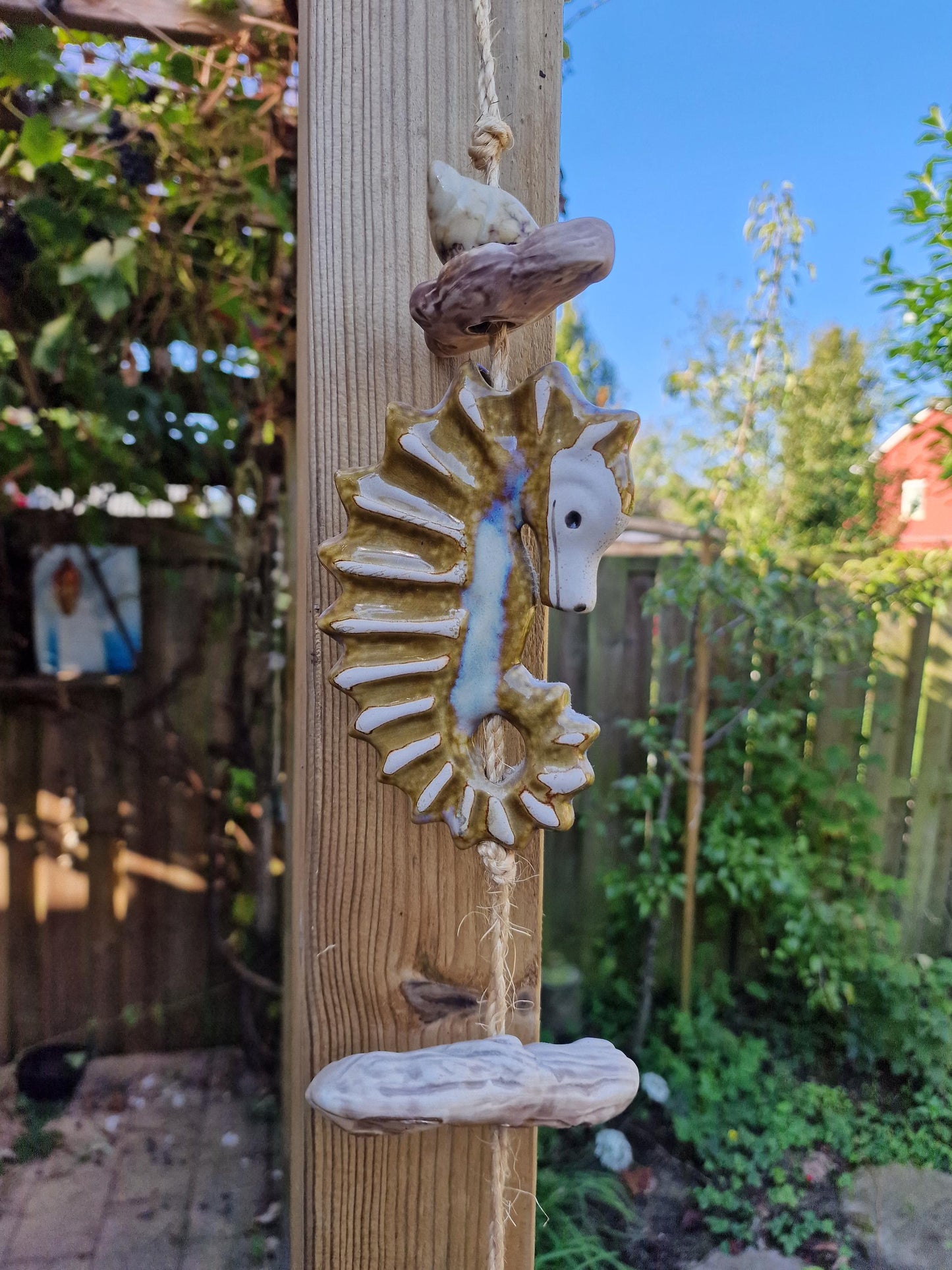 Pottery Seahorse Wind Chime, Luster Glaze Garden Ornament