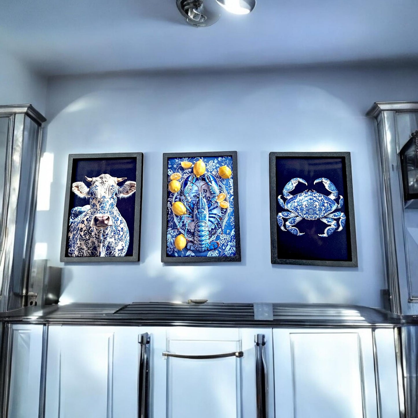 Delft Blue Kitchen Art Prints, Funny Dutch Animal Decor, Set of 3